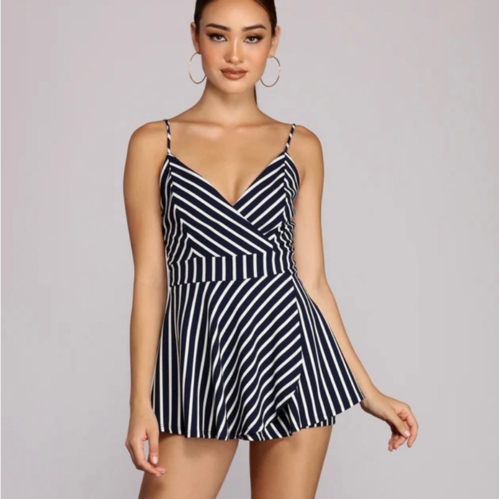 WINDSOR - Striped And Sassy Skater Navy and White Romper Small